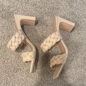 Beige Braided Square Toe Block Heels